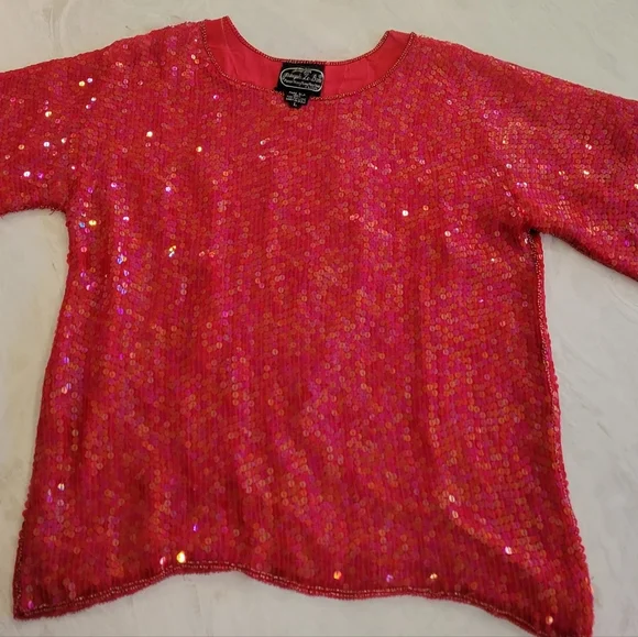 Vintage JOSEPH LeBon Silk Sequin Beaded Red Top - Picture 3 of 6